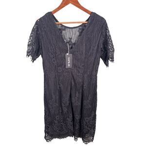 Kaimilan Women's Size 12 Black Zip Lace Short Sleeve V-Neck‎ Lined Midi Dress